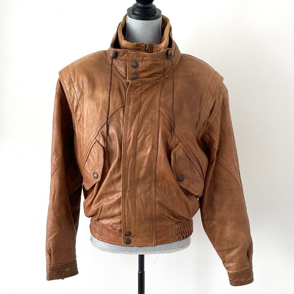 Vintage Men's S Brown Leather Bomber Jacket Women M Stand Collar Aviator Retro